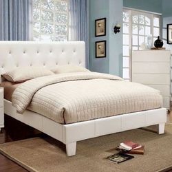 Brand New White Crystal Button Tufted Leatherette Platform Bed — ALL SIZES AVAILABLE