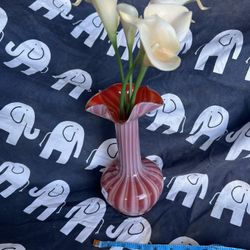 Vintage Pink Swirl Art Glass Vase with Ruffled Rim