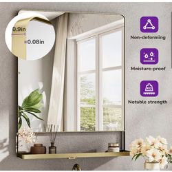 KeonJinn 24x32 Gold Framed Bathroom Mirror w/ Shelf