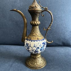 Middle Eastern Brass Ewer with blue and white ceramic Porcelain floral detail