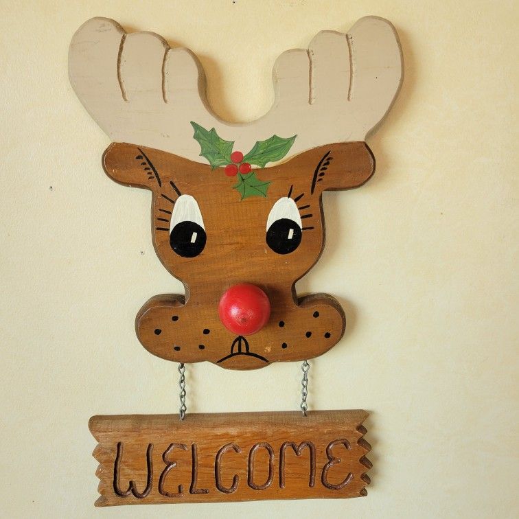 Vintage Handcrafted 3D Wood Rudolph the Red Nose Reindeer Christmas Wall Sign