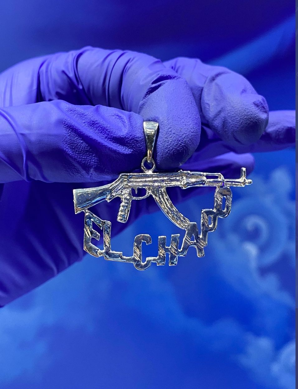925 Sterling Silver Handmade Diamond Cut "El Chapo" AK47 Pendant 7.1g