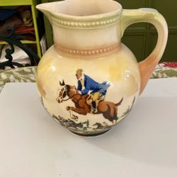  Vintage Pitcher Decorative Horse Rider Jumping Yellowish Backround   