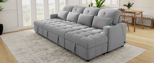 110.2 Oversized U-shaped Sofa Versatile Sectional Sofa Pull-out Sofa Bed with Double Storage Chaise Lounges and Two USB Ports for Living Room,Gray