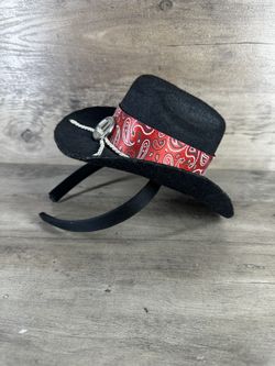 Mini Black Cowboy Hat Headband Red Paisley Bandana Trim Unisex Costume Accessory