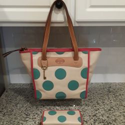 Fossil Straw Zip-Top Tote and Matching Wallet