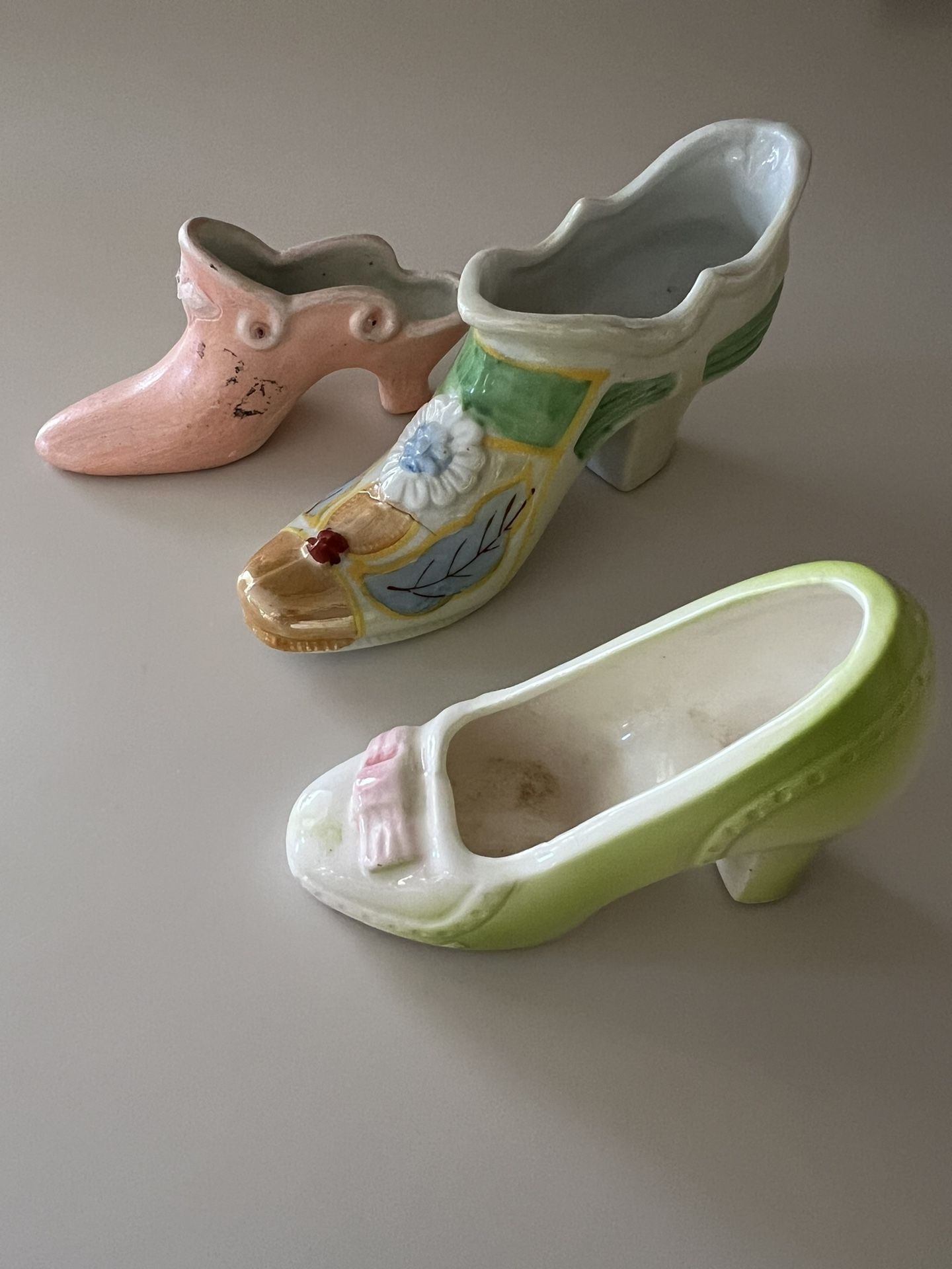 Vintage Made In Japan Porcelain Shoe Figurine Floral pattern high heel with blue flower and leaves iridescent toe Plus Two Other Miniature Shoes