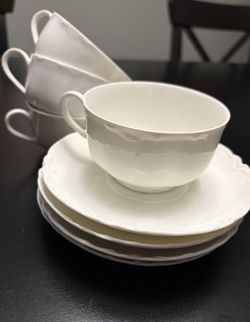 Rare: Antique Haviland Limoges France Tea Cup & Saucer Set (4 of each), White Scallop Details - EC