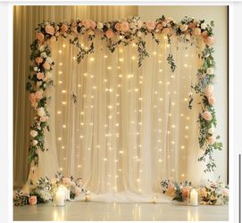 Tulle Backdrop Curtain with Lights String 10FT X 8FT Champagne Sheer Tulle Backdrop Curtains for Wedding Birthday Party Reception Photo Booth Backgrou
