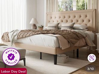 Beige Upholstered Tufted Platform Bed Frame