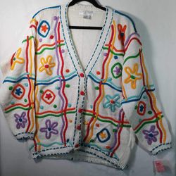 Vintage 90s Cardigan Rebecca Stone 3D Knit Texture Detailed Sweater Womens Medium