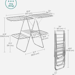 SONGMICS 2-Level Clothes Airer Foldable Clothes Drying Rack with Adjustable Wings - Silver / White