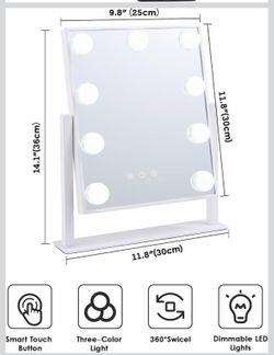 Lighted Makeup Mirror Hollywood Mirror Vanity Mirror with Lights, Touch Control Design 3 Colors Dimable LED Bulbs, Detachable 10X Magnification, 360°R