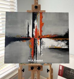Original Abstract Painting – Modern Orange & Black Wall Art
