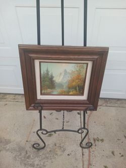 Small vintage framed snow capped mountains forest stream signed oil on canvas painting