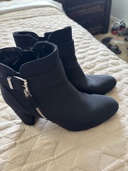 Black Heeled Ankle Boots with Silver Buckle