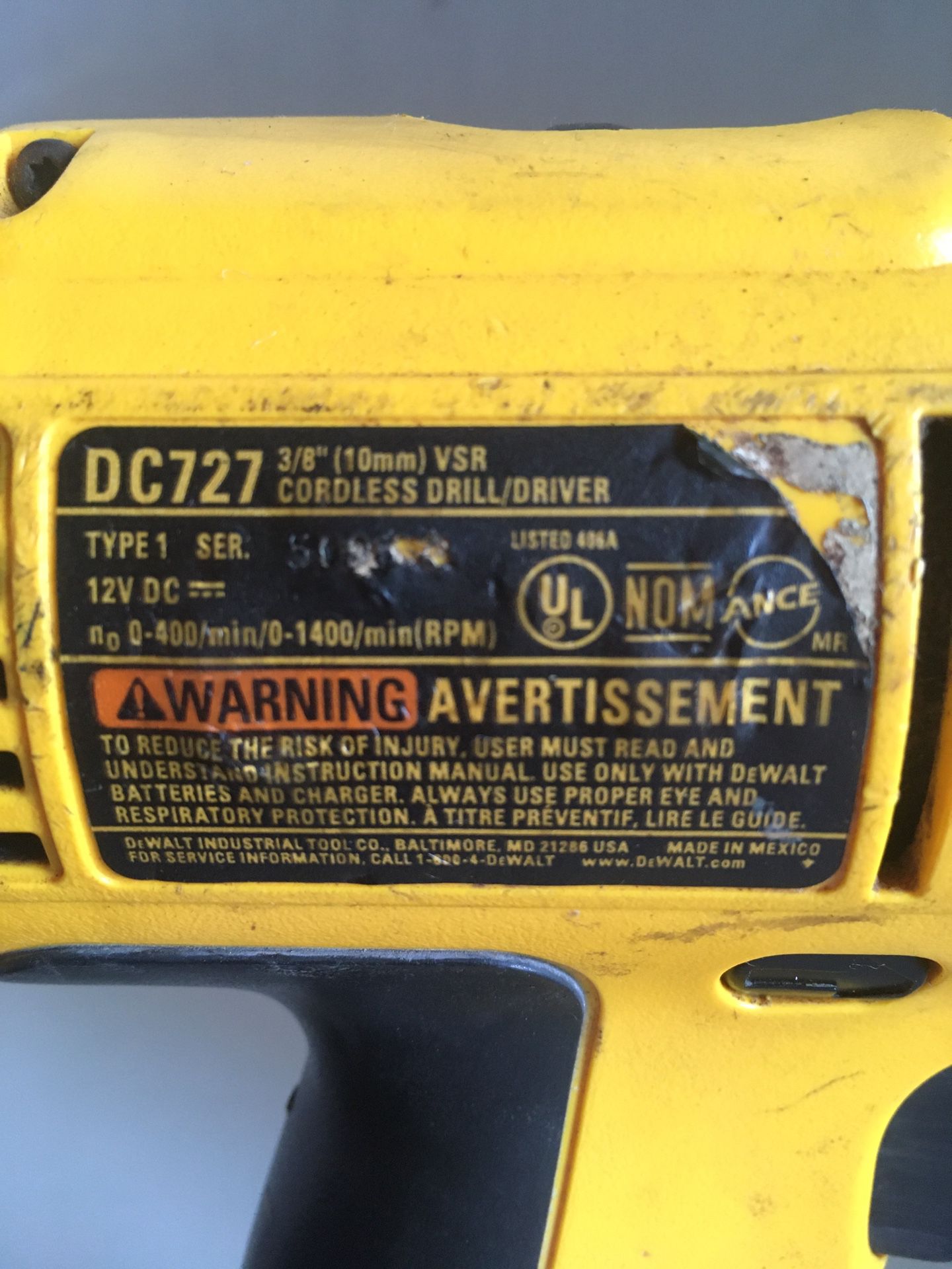 DeWalt DC727 Type 1 DC-727 12V 3/8" VSR 10mm 2-Speed RPM: 0-400/0-1400 Cordless Drill / 39 Tested and working perfectly. Will demonstrate f for Sale in Spring Valley, CA - OfferUp