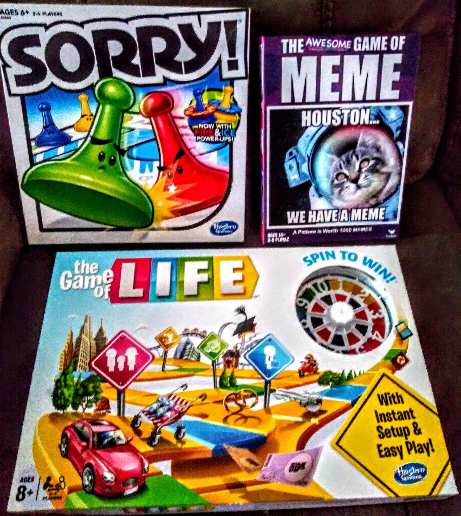 **PENDING PICK UP** 3 Board Games (Sorry, Life, Awesome game of MEME)