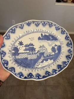 Vintage Blue & White Oval Porcelain Platter with Scalloped Edge - Made in China