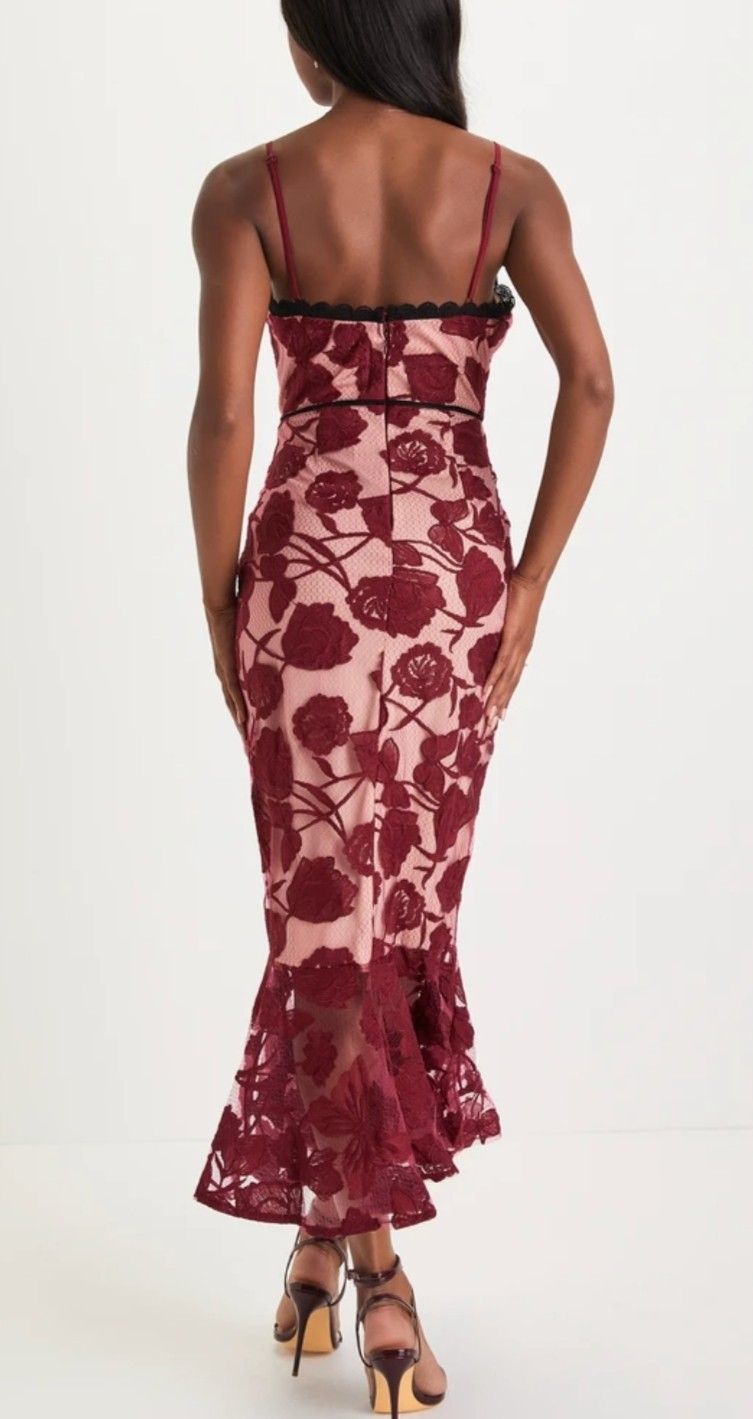 NWT Lulus Alluring Dream Burgundy Floral Mesh Lace Trumpet Midi Dress