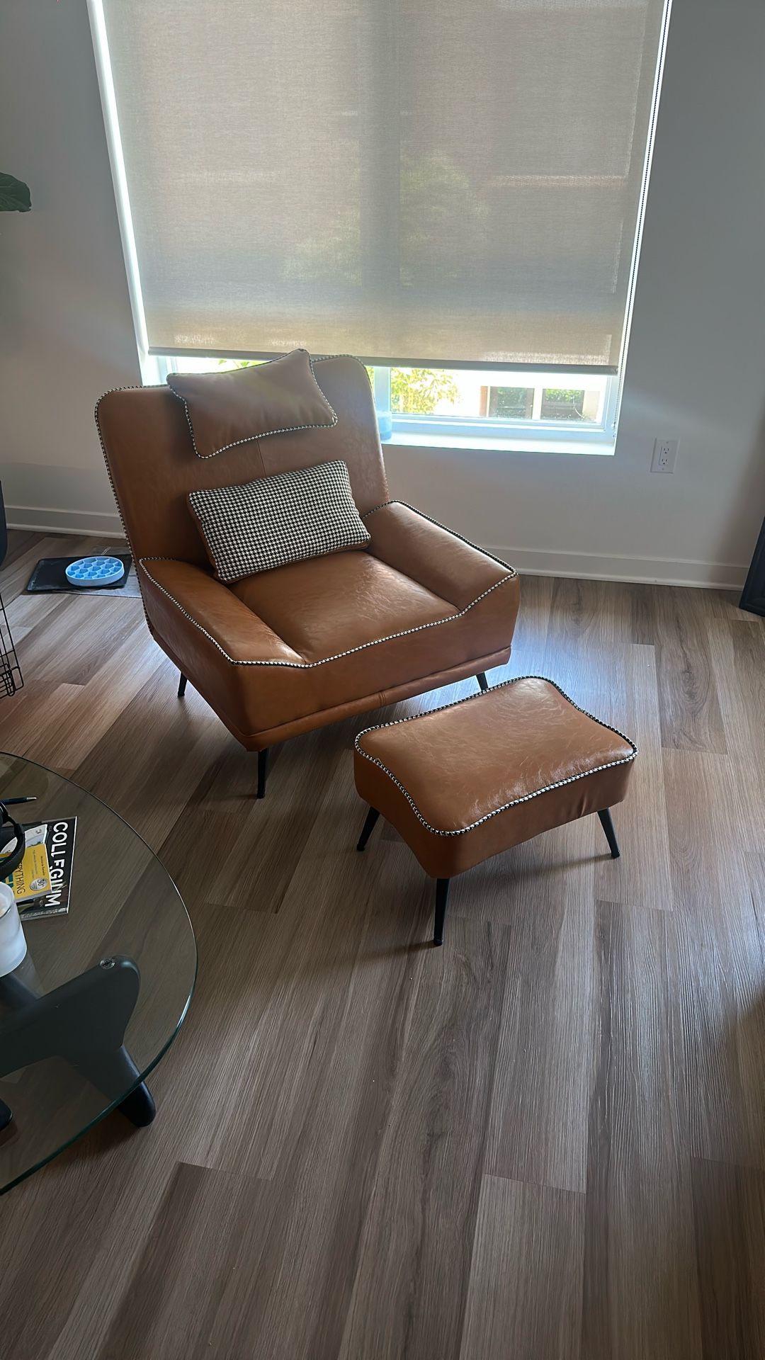 Mid-Century Faux Leather Chair with Ottoman