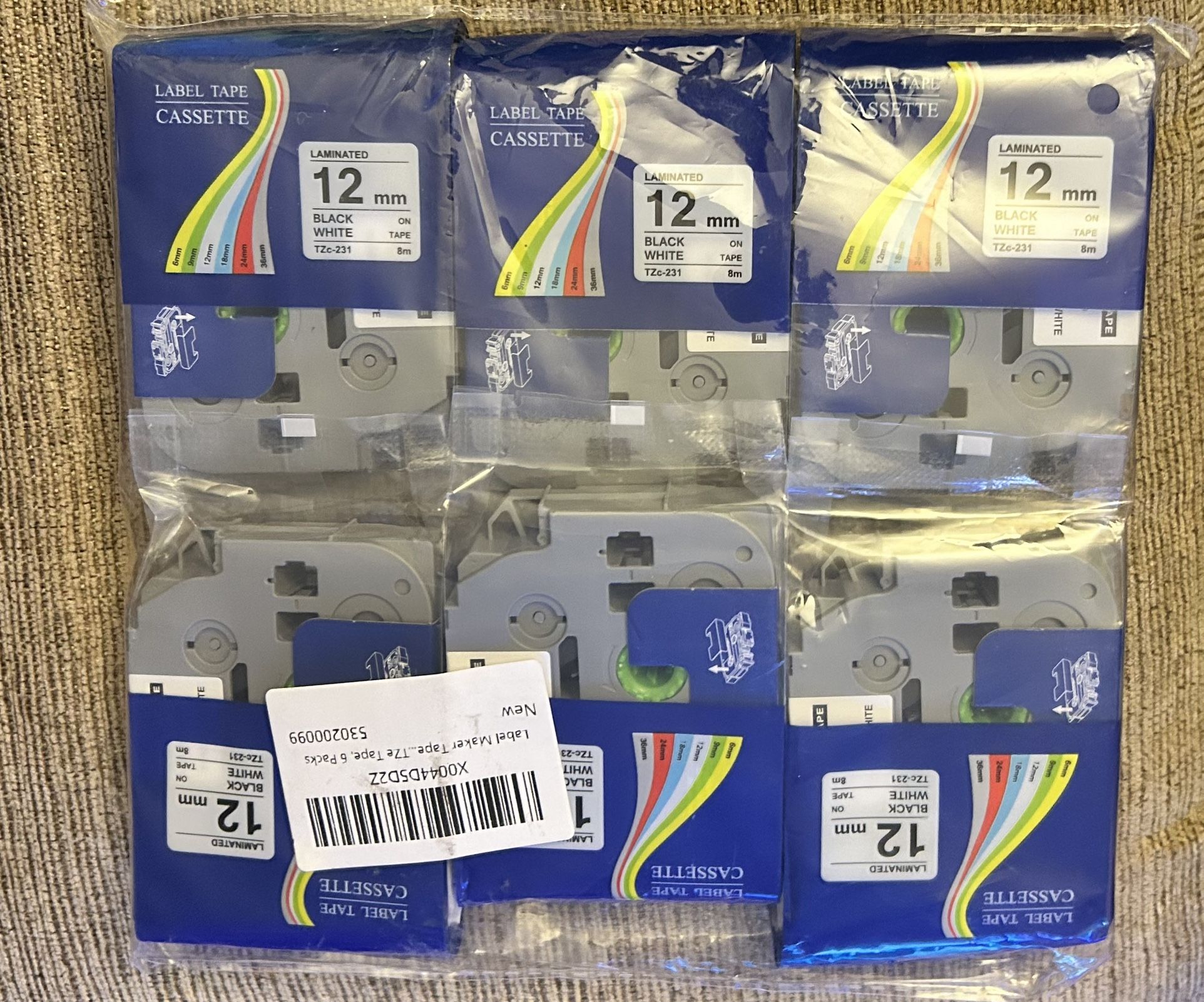 6-Pack 12mm 0.47" Black on White Label Tape Compatible for Brother Tze-231 PTouch 12mm 0.47" White Tze Tz Tape 12mm 1/2" Label Maker Tape for PT-D220