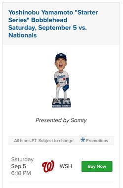 9/5 Dodgers vs Nationals - Yamamoto Starter Series Bobblehead