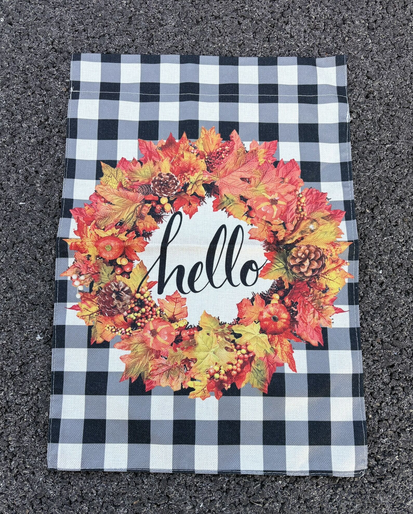 Hello Fall Leaves Wreath Buffalo Plaid Garden Outdoor Flag Cute NEW