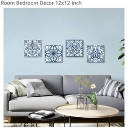 Stream design Boho Mandala Canvas Wall Art: Vintage Navy Blue Flower Picture Painting Print Artwork 4 Piece Bathroom Living Room Bedroom Decor 12x12”