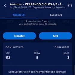 (2) Aventura tickets - Tonight 8pm @ Crypto Arena - $280 for both tickets.