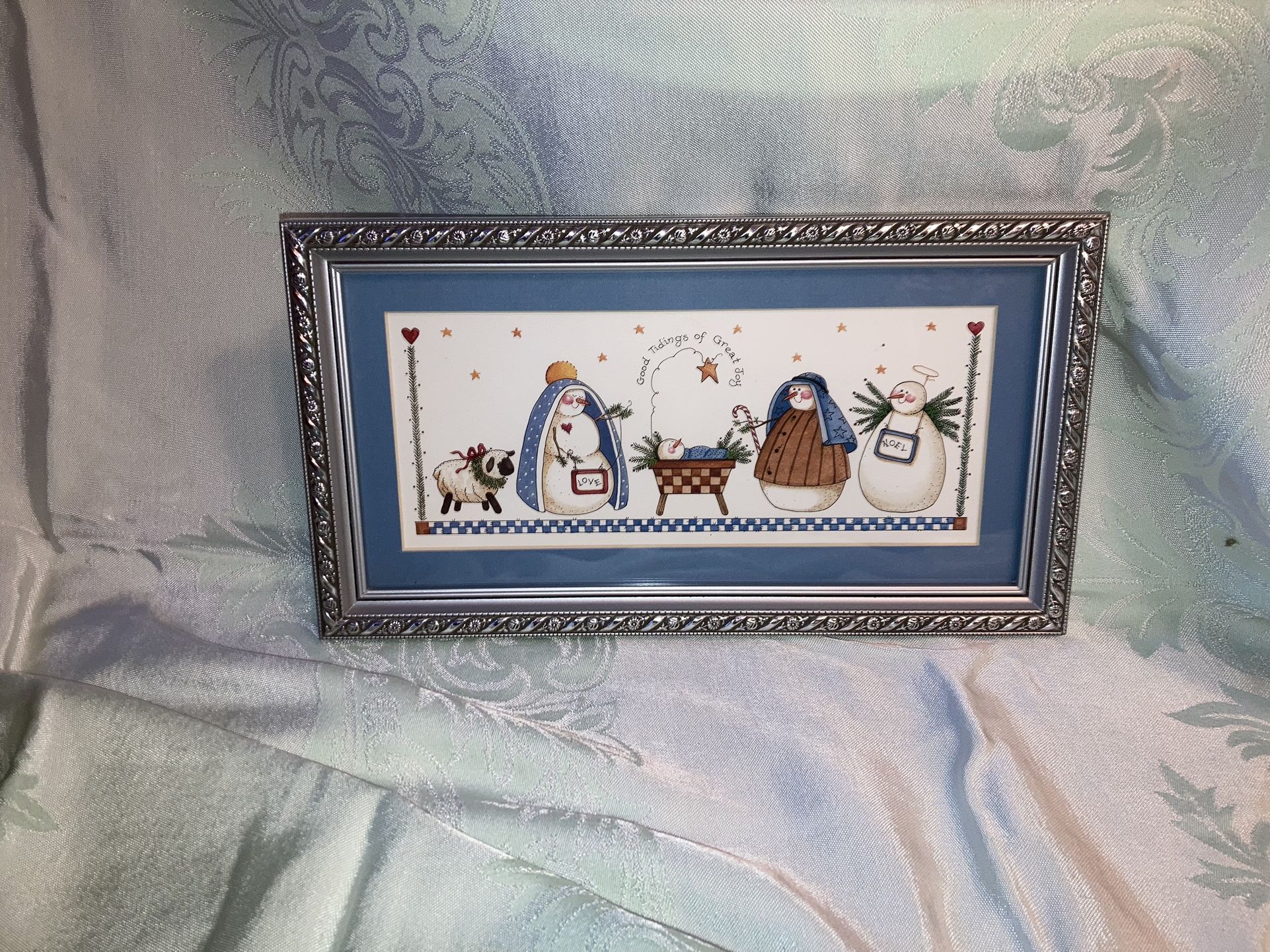 Framed Snowman Nativity Manger Folk Art Scene