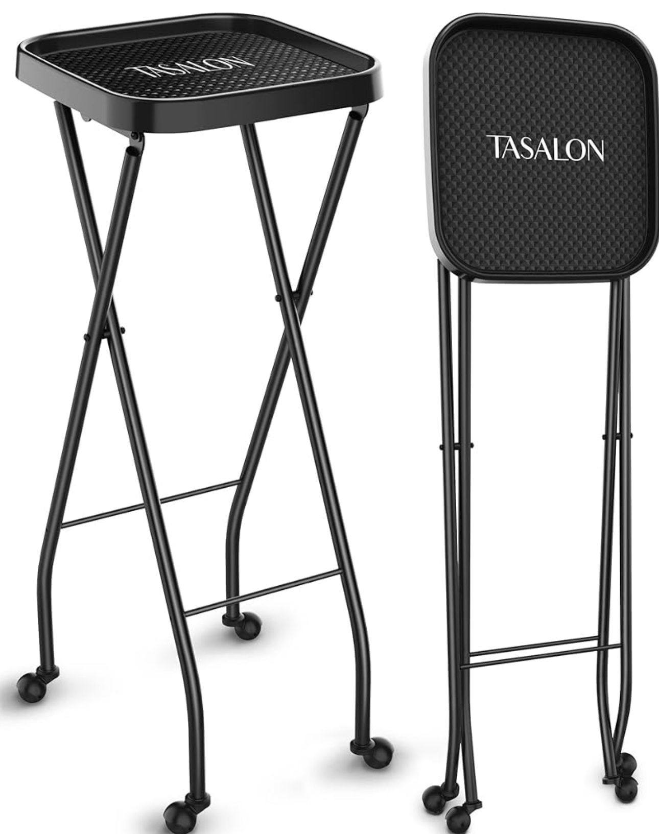 TASALON Black Salon Folding Tray on Wheels, Rolling Service Tray for Beauty, Hair Coloring, Tattoo, Spa & Home