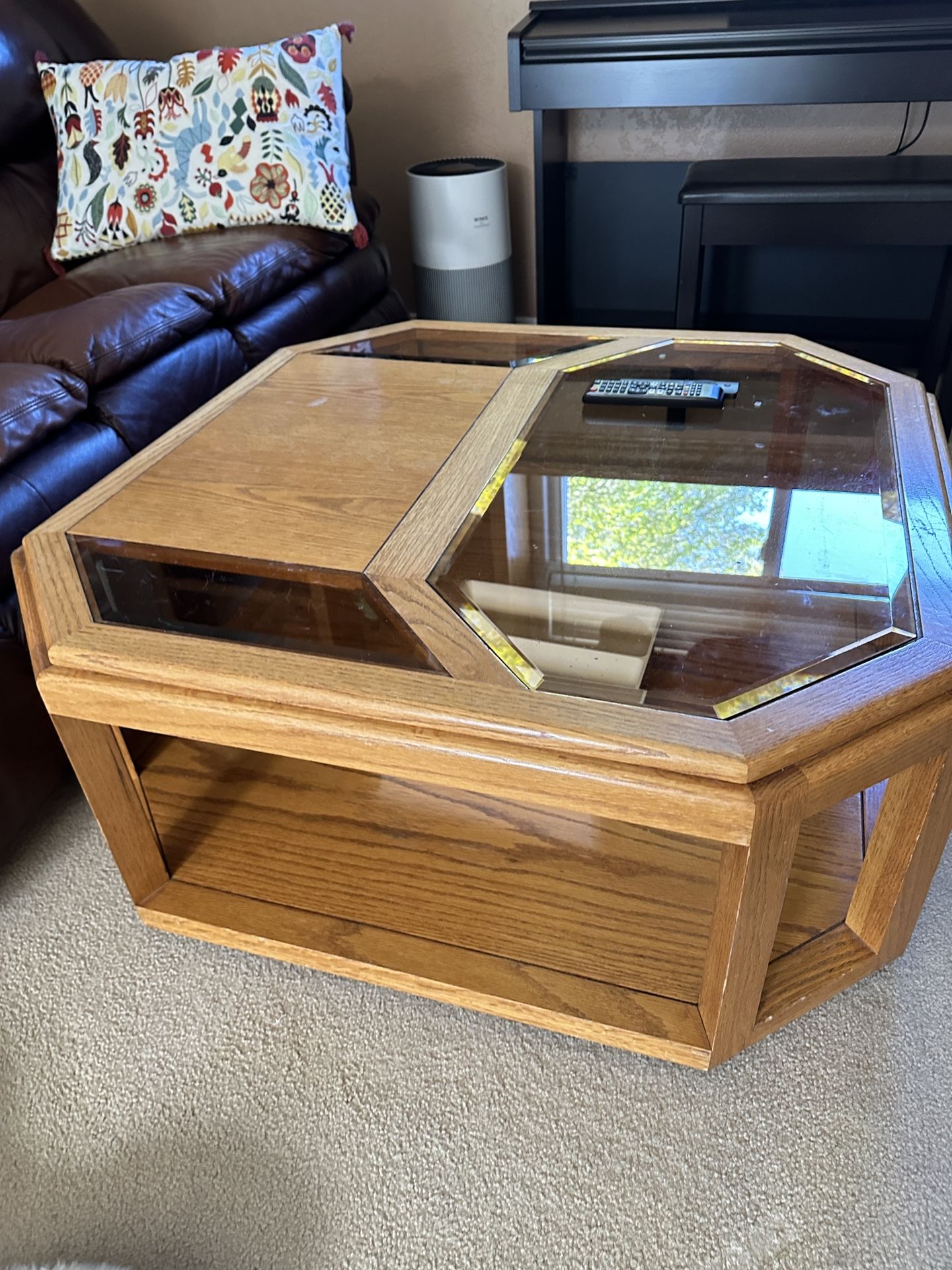 Vintage Octagon Glass Display Coffee Table with Storage – Solid Wood