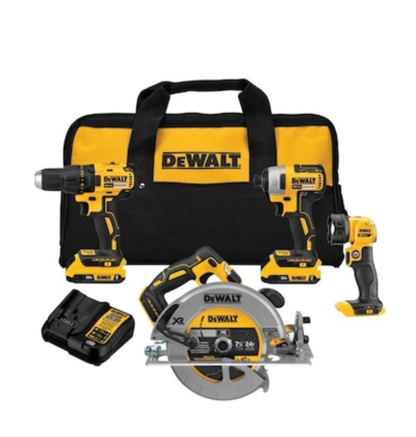 DEWALT XR 4-Tool 20-Volt Max Brushless Power Tool Combo Kit with Soft Case (Charger Included and 2-Batteries Included)