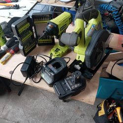 Ryobi 1/4 impact, Ryobi 5 1/2 circular saw, box of impact bits
