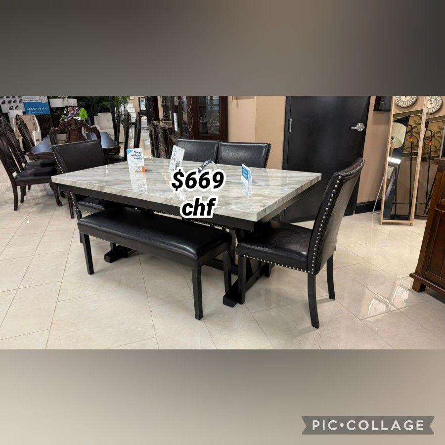6 Piece Faux marble Top Dining Table Set