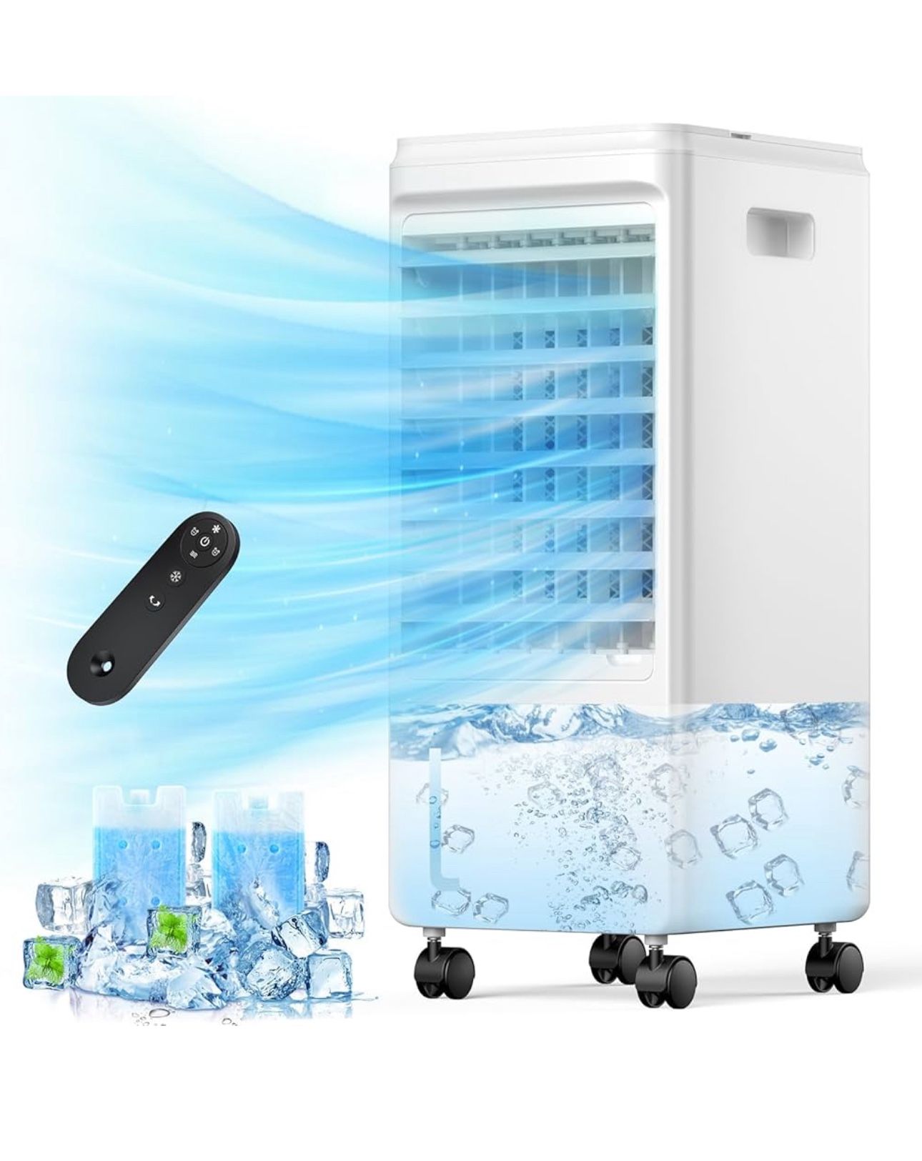 Portable Air Conditioners, 3-IN-1 Evaporative Air Cooler, Swamp Coolers w/ 2 Ice Pack, 1.85 Gal Water Tank, 4 Modes, 80° Oscillation, 7H Timer, Portab