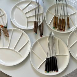 Six White Fondue Plates And Forks
