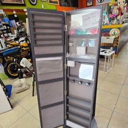 LED Light Jewelry Cabinet with Full Length Mirror 360° Swivel, Large Jewelry Organizer Armoire Locka