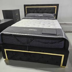 Pepe Black 4 Piece Upholstered Queen Bed, Dresser, Mirror and Nightstand Set