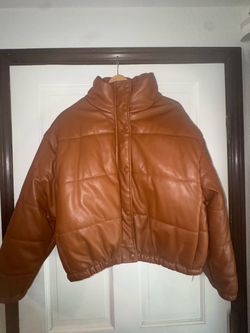 Brown Faux Leather Cropped Puffer Jacket women’s large