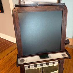 Dark brown Artist easel with white board on one side and Chalk board on the other side
