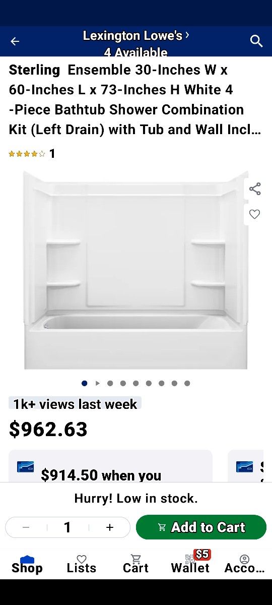 Sterling Bathtub Shower Kit 30x60x73. W/L/H