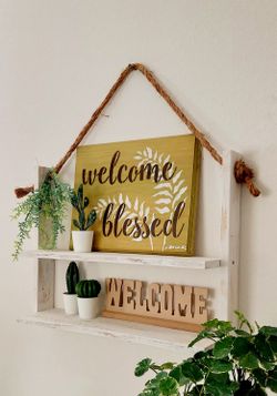 🌱2 Tier Solid Wood Manila Rope Hanging Shelf ::: Distressed White 