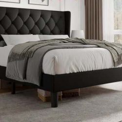 Full Size Platform Bed Frame with Button Tufted Headboard, Upholstered Bed Frame with Solid Wooden Slats, 8" Underbed Space, No Box Spring Needed, Noi