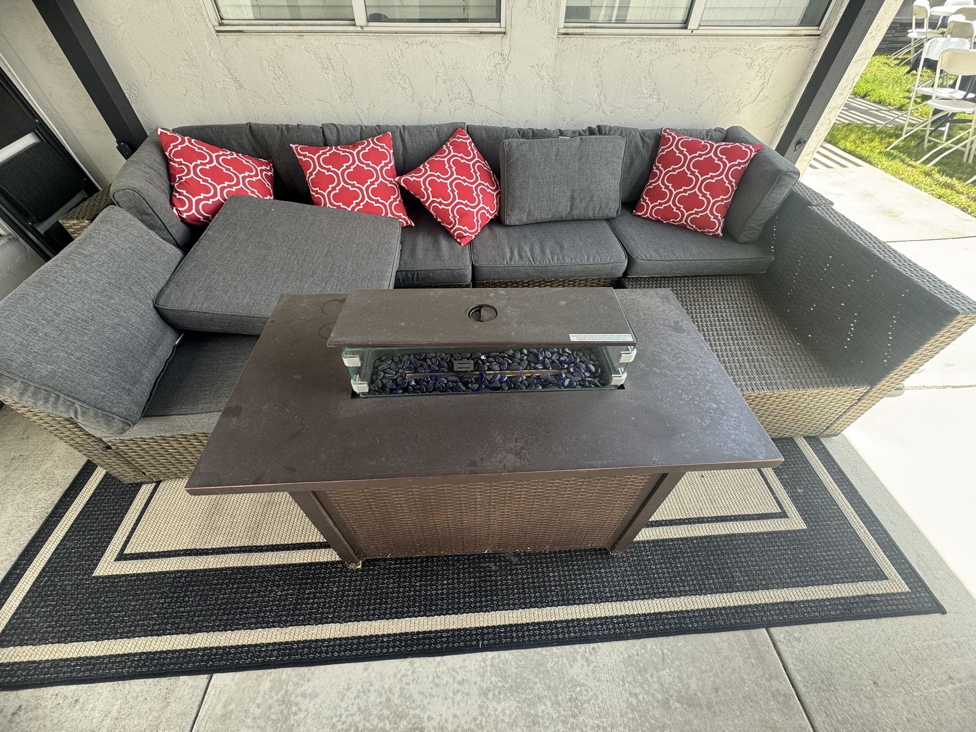 7pcs Patio Furniture Wicker Sofa Outdoor Sectional Sets with Gas Fire Pit Table