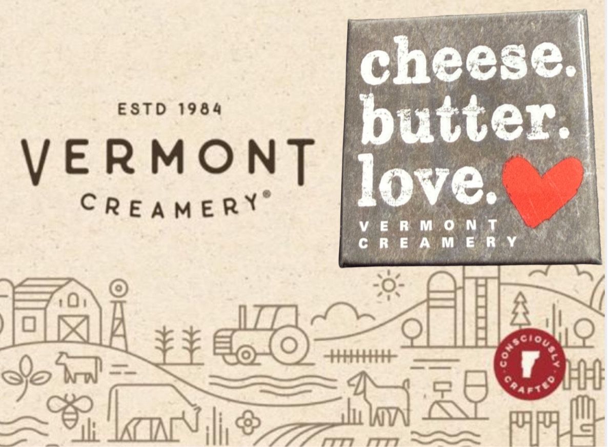 Vermont Creamery 2010s Cheese Butter Love Heart Pinback Button, 1.75x1.75”