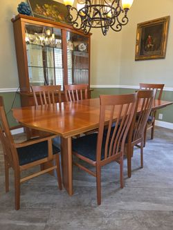 Italian Wood Dining Set with Matching China Cabinet & 6 Chairs