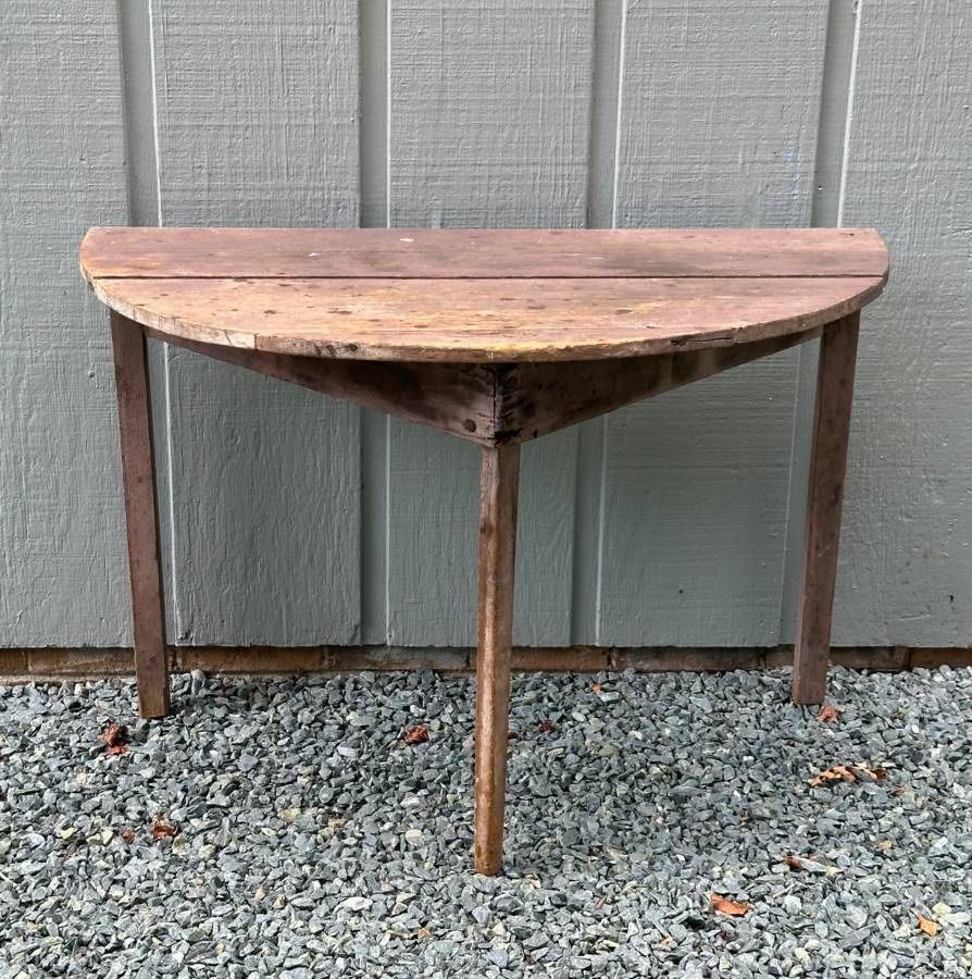 Antique Rustic Wood Primitive Demi Lune Half Moon Farmhouse Accent Decor Table