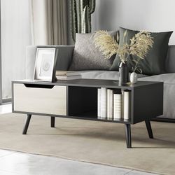  Modern Coffee Table, Wooden Cocktail Table with Storage, Minimalist Hallway Table, Mid Century Modern Coffee Table for Living Room Apartment Receptio